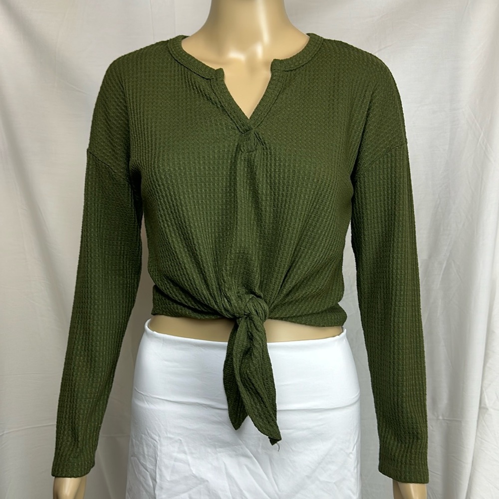 Rebel Society Waffle Knit Tie Front Top. Long Sleeve. Olive Green. Size Small.